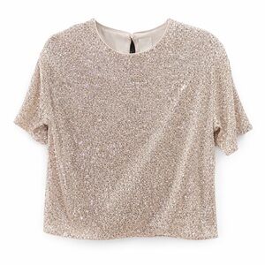 H&M Champagne Gold Sequin Short Sleeve Top – Women’s Size M NWT